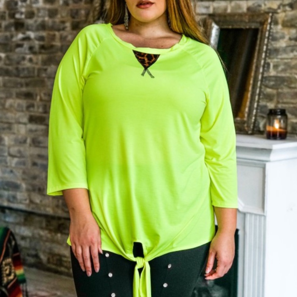 L&B Neon Yellow Front Tie 3/4 Sleeve Top